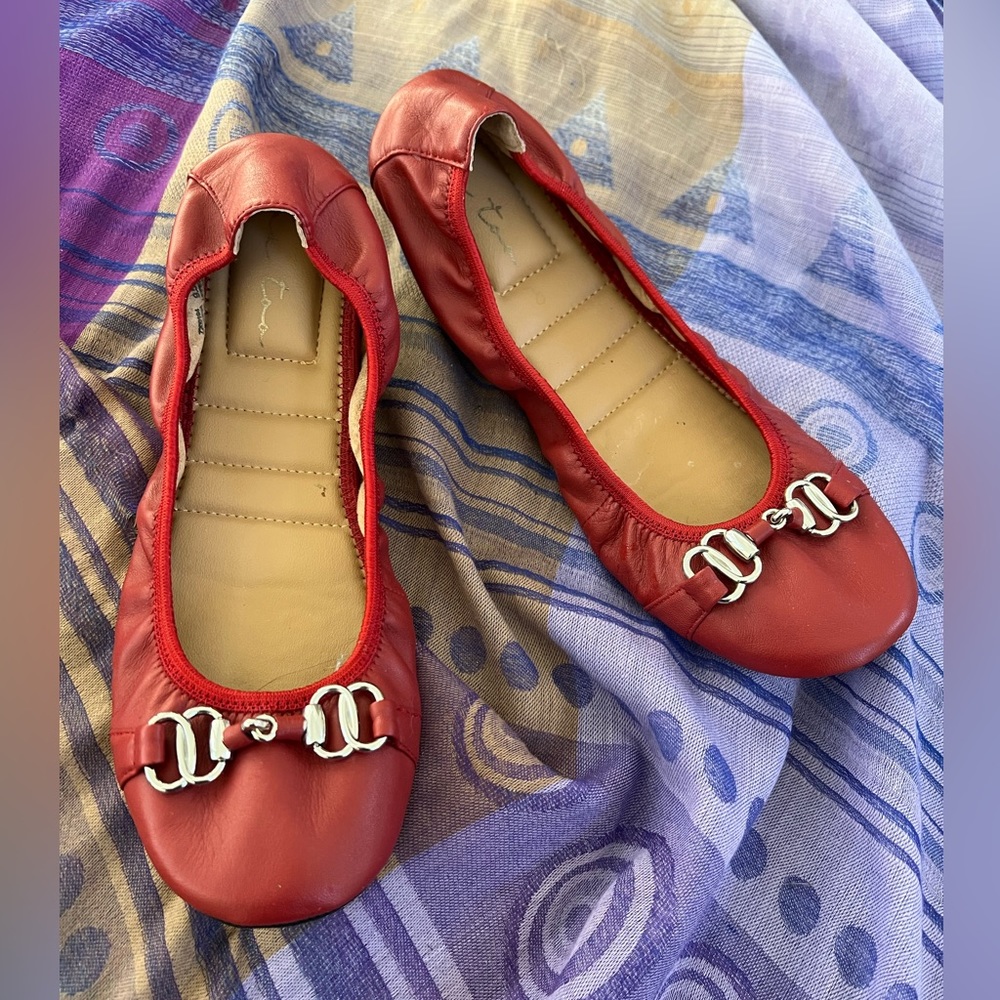 Women’s Red Leather Ballet Flats, Size 9.5M.